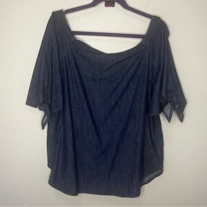 Lauren Ralph Lauren Denim Blouse‎ Shirt XL Round Off The Shoulder Cold Shoulder